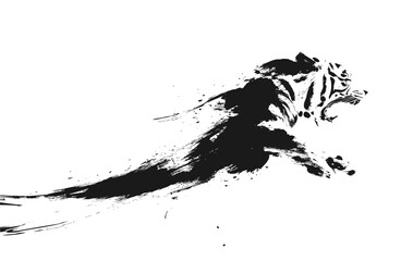 Naklejka premium Abstract ink brush illustration of a tiger, inspired by Asian art. Chinese zodiac