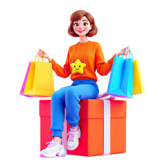 Cartoon girl with shopping bags sitting on a gift box isolated on transparent background shopping concept