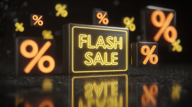 Dynamic Flash Sale Announcement with Neon Signage and Percentage Icons