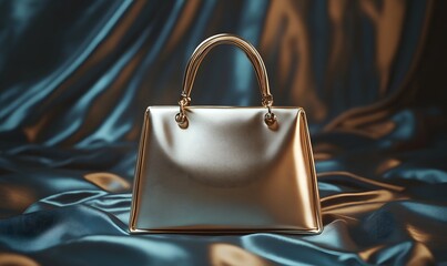 A metallic gold structured handbag with rounded handles and gold rings, displayed on silky blue and gold fabric in a luxurious, high-fashion setting.