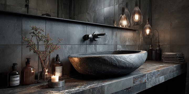 Modern dark gray bathroom with granite tiles - Powered by Adobe
