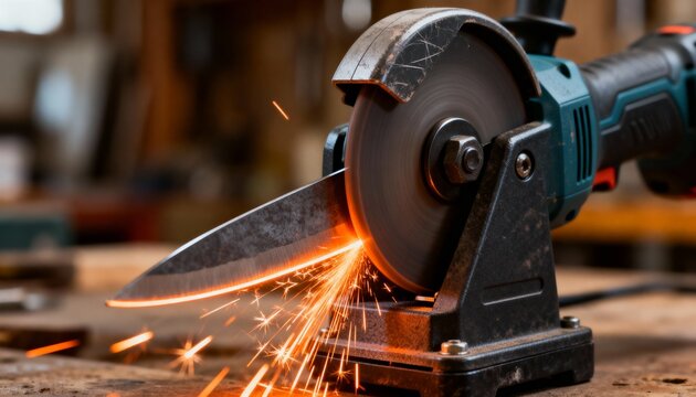 A power tool cuts metal, producing sparks in a workshop setting, showcasing precision and craftsmanship in a dynamic environment.