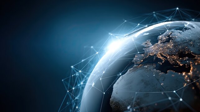 A view of Earth from space shows city lights sparkling at night, surrounded by a web of glowing connections, highlighting human presence