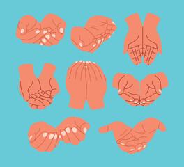 Illustration of nine pairs of cupped hands on a blue background.