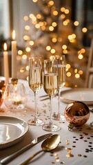 Champagne glasses on a table with christmas decorations and lights in the background