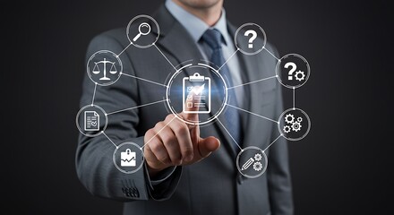 Businessman touching a digital interface with icons representing business process management and workflow