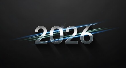 Sleek metallic 2026 design with futuristic light streaks on a dark background perfect for new year promotions and technology themed designs and digital projects