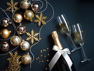 Elegant christmas decoration with champagne bottle, glasses and ornaments on dark background