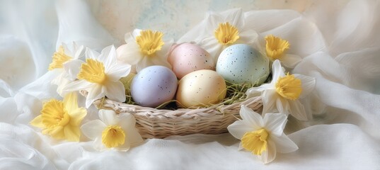 Easter Greeting Card with Pastel Eggs, Daffodils, and Soft White Fabric Background