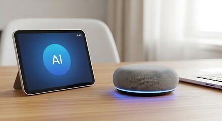 Tablet and smart speaker on a wooden desk digital technology concept