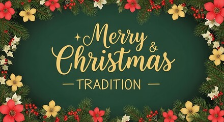 Festive merry christmas greeting card with floral frame and traditional message on a dark green background perfect for holiday wishes and seasonal celebrations
