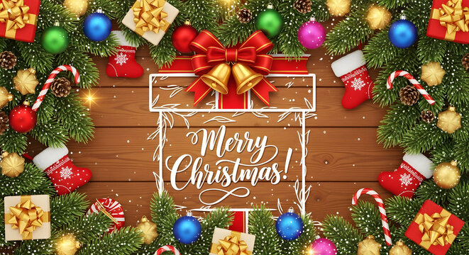 Festive christmas gift box surrounded by ornaments and garland