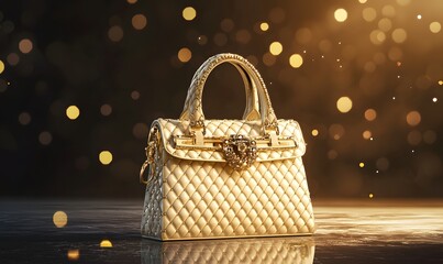 A luxurious gold quilted handbag with jeweled clasp and top handles, displayed against a glowing bokeh background for a glamorous, high-fashion presentation.