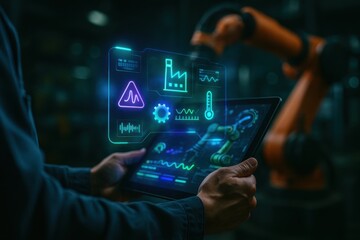 Fototapeta premium Holographic Technology for Predictive Maintenance in Industrial Factory Settings with Advanced Robotics Display
