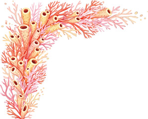 Delicate watercolor illustration of coral reef elements forming a decorative corner element with white background