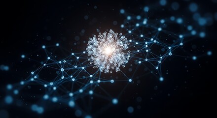 Abstract glowing network of nodes and connections in a dark digital space, representing data and technology