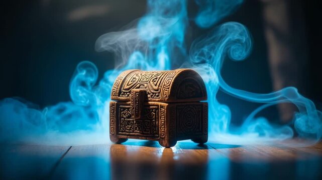Mysterious treasure chest with intricate carvings surrounded by ethereal blue smoke