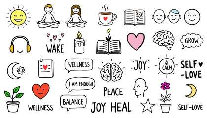 Hand-drawn mindfulness doodle icon set for wellness and self-care
Cute mental health illustrations with positive quotes and symbols