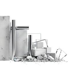 Modern still life with geometric shapes and silver tubes isolated on transparent background