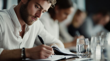 Obraz premium Business training seminar with attentive male trainee