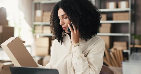 Business woman, laptop and box with phone call for logistics startup, inventory or storage. Female person, supplier or distributor talking with mobile smartphone for delivery or courier service - Powered by Adobe