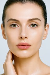 Obraz premium Stunning young woman with flawless, glowing skin and natural makeup radiates confidence and beauty, perfect for cosmetic and wellness campaigns.