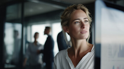 Professional woman analyzing data charts in modern corporate office
