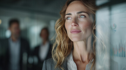 businesswoman working with data as colleagues blur behind glass