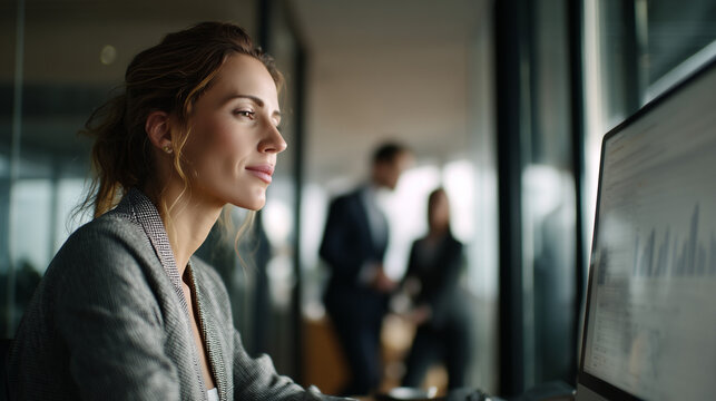 Female analyst reviewing financial graphs on computer monitor - Powered by Adobe