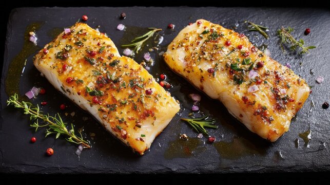Two fresh marinated pollock fillets on wooden cutting board, ready for cooking, gourmet seafood dish with natural texture and healthy culinary ingredients
