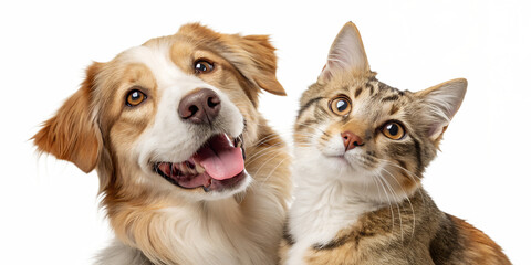 Portrait of a happy dog and cat looking at the camera together, isolated on a transparent background. The image captures the beautiful friendship and harmony between the pets, showing their joyful exp