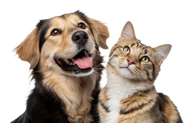 Portrait of a happy dog and cat looking at the camera together, isolated on a transparent background. The image captures the beautiful friendship and harmony between the pets, showing their joyful exp