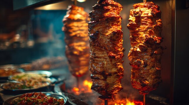 Vertical spit roasting juicy shawarma meat stacked in layers in restaurant kitchen, traditional middle eastern street food grilled to perfection, close-up of hot doner kebab cooking on rotisseriedesig