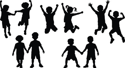 Silhouette group of happy children jumping and holding hands, fun childhood playtime illustration, kids friendship outdoor activity concept