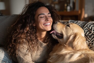 Young Woman Laughing as Golden Retriever Licks Her Face in Cozy Indoor Setting