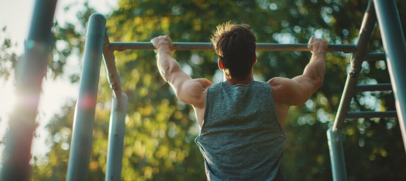 Young Adult Performing Calisthenics on Parallel Bars in Outdoor Fitness Park