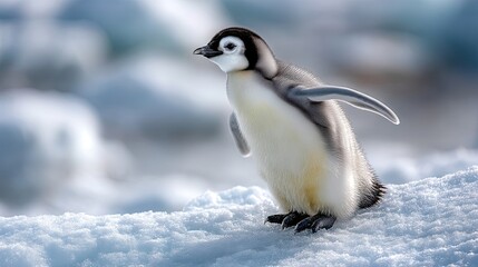 Obraz premium A young penguin moves energetically on a frozen surface, flapping its wings and displaying curiosity, surrounded by a chilly setting