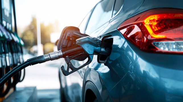 A car is refueling at a outdoors gas station in an urban setting. A close-up of the fuel pump being inserted into the tank. Gas pump nozzles