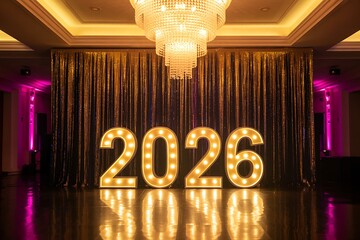 Illuminated 2026 new year sign with chandelier and golden curtain in a ballroom