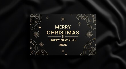 Elegant merry christmas and happy new year 2026 greeting card with gold geometric designs on a black background perfect for holiday wishes and celebrations
