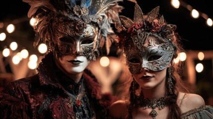 A couple wearing a mask and Victorian Gothic costume poses at a nighttime carnival against a backdrop of garlands creating a bokeh effect. Festival, holiday, outdoor night party