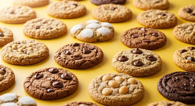 An assortment of freshly baked cookies with different flavors and toppings arranged on a vibrant yellow background.