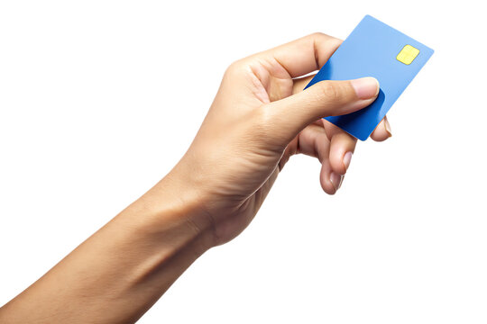 Fairskinned hand holding blue credit card with chip isolated on a transparent background