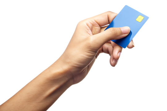 Fairskinned hand holding blue credit card with chip isolated on a transparent background