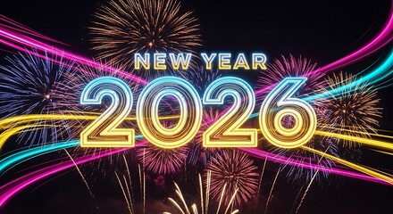 Celebrate new year 2026 with vibrant fireworks and glowing neon lights for festive holiday greetings and exciting future celebrations and events at night