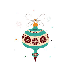 Green and red Christmas tree ornament with snowflakes. Hand-drawn ornament on a white background. A decorative, bright, hanging, festive element for holiday decorations, cards, and flat design.