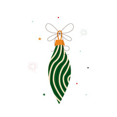 Green and white striped Christmas tree ornament. Hand-drawn Christmas tree ornament on a white background. A decorative, bright, hanging, festive element for holiday decorations, cards, and flat desig