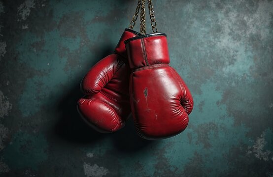 Pair of old red boxing gloves hang on metal chains against grungy wall. Worn leather sports equipment used for fighting training. Vintage style, retro look.