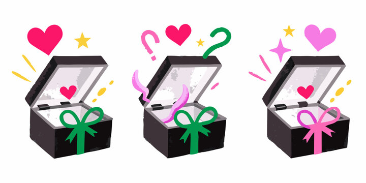 Three open gift boxes with hearts and question marks symbolizing surprise and love