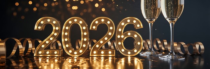 Festive 2026 new years eve celebration with champagne and golden decorations on dark